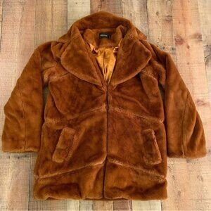 Minkpink Faux fur coat with hook and loop closure brown women’s size large